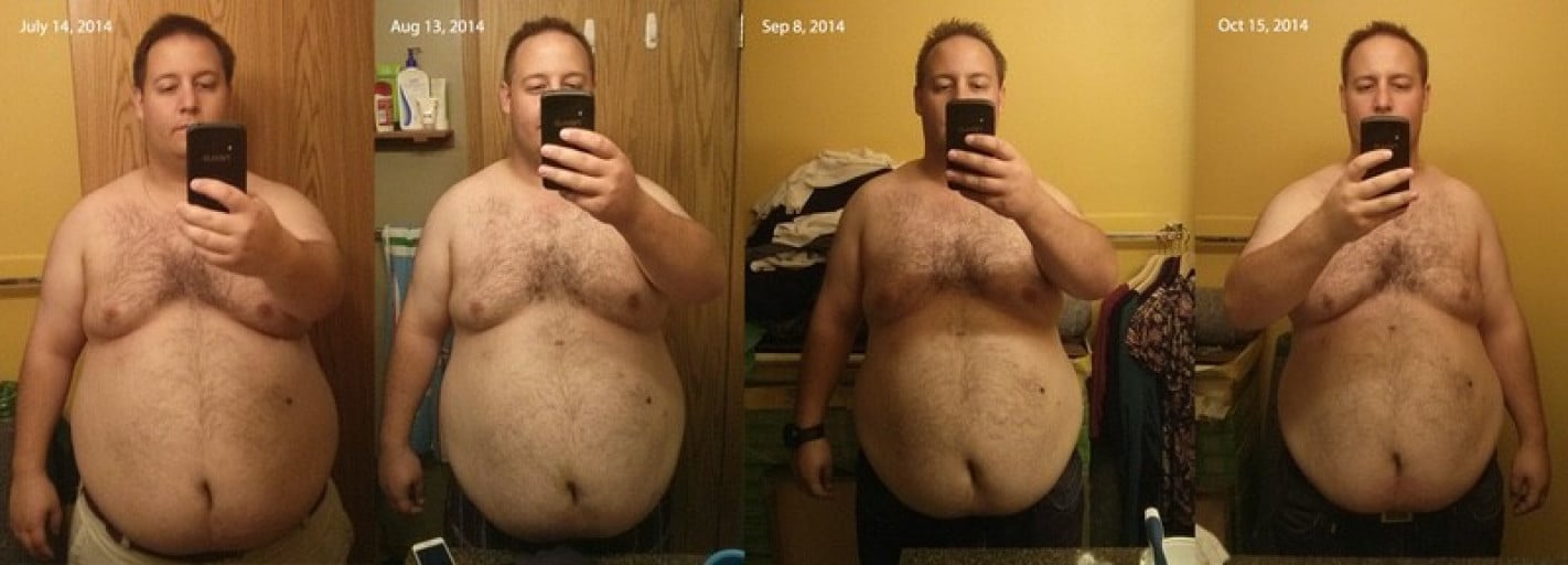 A before and after photo of a 5'7" male showing a weight reduction from 310 pounds to 280 pounds. A respectable loss of 30 pounds.
