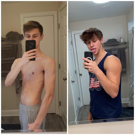 A progress pic of a 5'9" man showing a muscle gain from 120 pounds to 150 pounds. A net gain of 30 pounds.