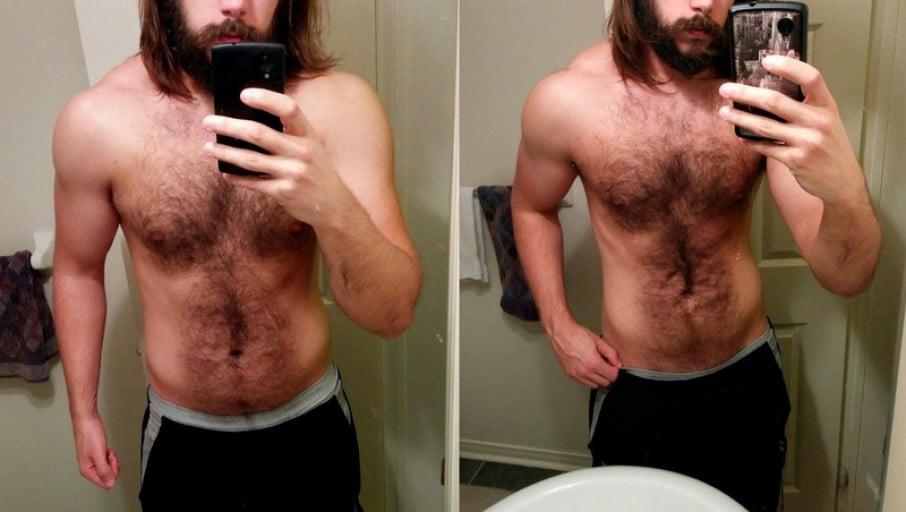 A picture of a 6'1" male showing a weight loss from 187 pounds to 180 pounds. A net loss of 7 pounds.