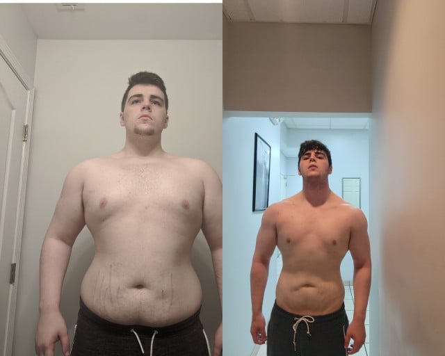 A photo of a 6'1" man showing a weight cut from 303 pounds to 216 pounds. A net loss of 87 pounds.