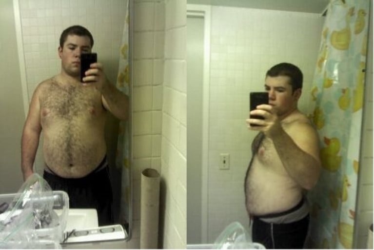 A progress pic of a 5'7" man showing a weight reduction from 210 pounds to 150 pounds. A net loss of 60 pounds.