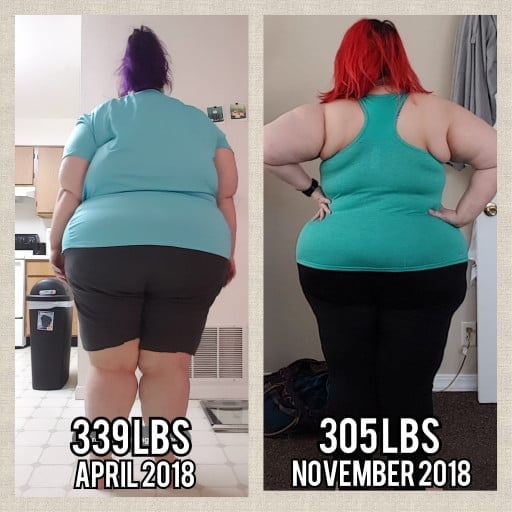 A photo of a 5'4" woman showing a weight cut from 340 pounds to 305 pounds. A total loss of 35 pounds.