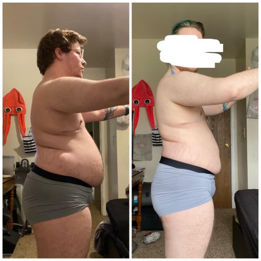 A progress pic of a 5'6" man showing a fat loss from 230 pounds to 195 pounds. A net loss of 35 pounds.