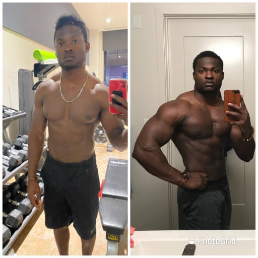 A before and after photo of a 5'8" male showing a muscle gain from 167 pounds to 188 pounds. A net gain of 21 pounds.