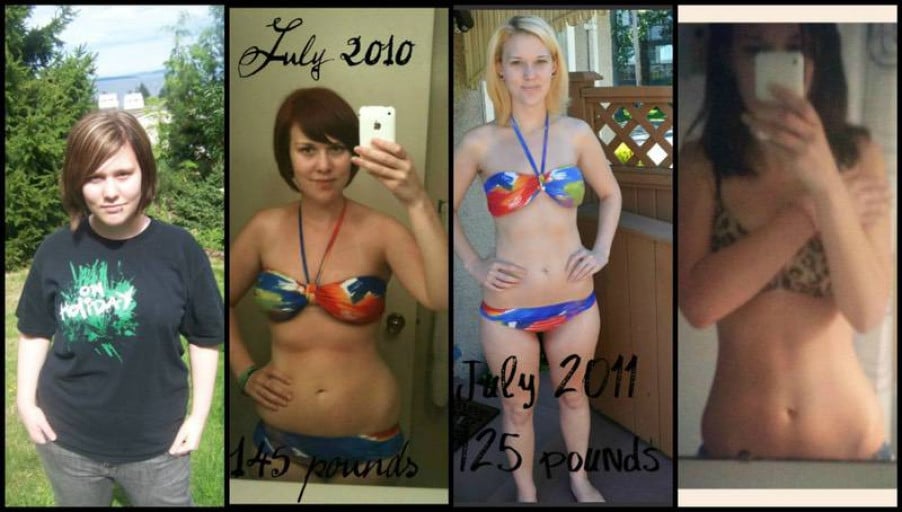 A picture of a 5'5" female showing a weight loss from 189 pounds to 124 pounds. A respectable loss of 65 pounds.