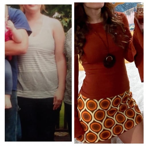 A progress pic of a 5'5" woman showing a fat loss from 185 pounds to 142 pounds. A total loss of 43 pounds.