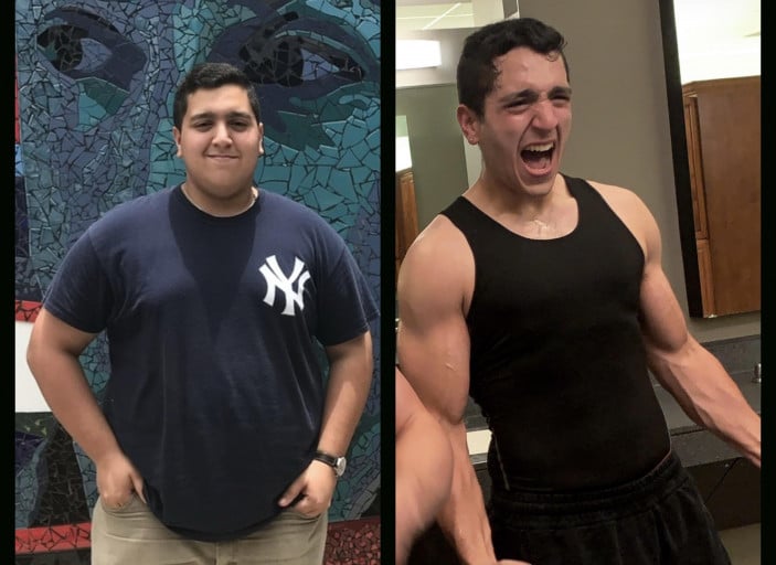 A picture of a 5'10" male showing a weight loss from 300 pounds to 180 pounds. A net loss of 120 pounds.