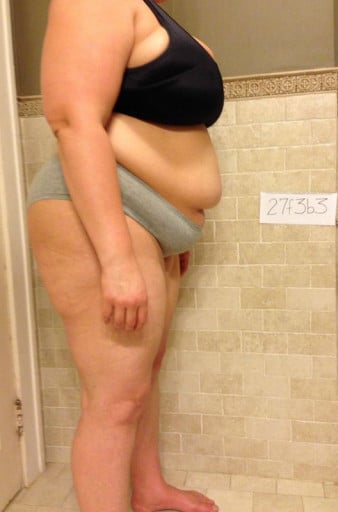 A progress pic of a 5'8" woman showing a snapshot of 279 pounds at a height of 5'8
