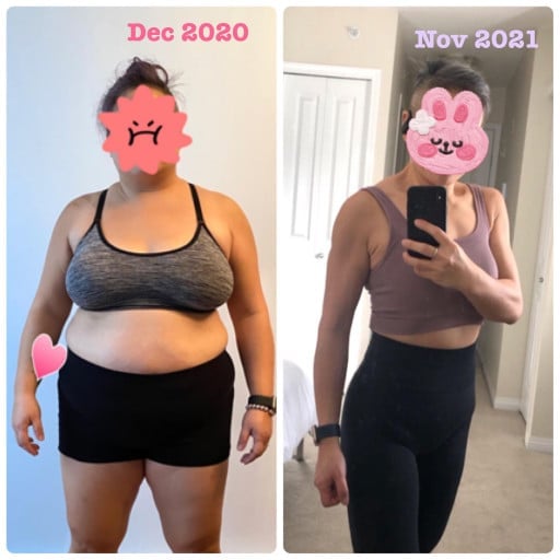 A before and after photo of a 5'0" female showing a weight reduction from 215 pounds to 135 pounds. A net loss of 80 pounds.