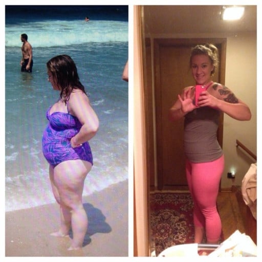 A photo of a 5'4" woman showing a weight cut from 225 pounds to 165 pounds. A total loss of 60 pounds.