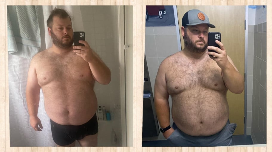 A picture of a 5'11" male showing a weight loss from 335 pounds to 330 pounds. A net loss of 5 pounds.