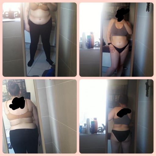 A progress pic of a 5'5" woman showing a fat loss from 226 pounds to 186 pounds. A respectable loss of 40 pounds.