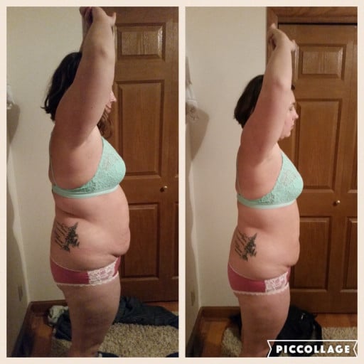 A picture of a 5'5" female showing a weight cut from 235 pounds to 204 pounds. A net loss of 31 pounds.