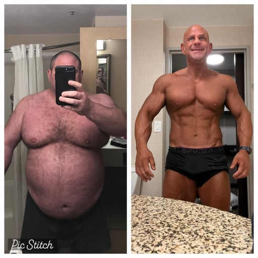 A progress pic of a 6'1" man showing a fat loss from 387 pounds to 230 pounds. A respectable loss of 157 pounds.