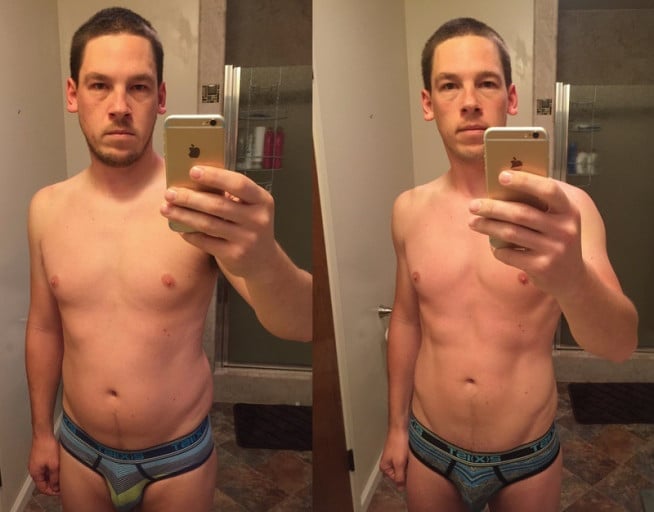 A before and after photo of a 5'11" male showing a weight reduction from 190 pounds to 170 pounds. A total loss of 20 pounds.