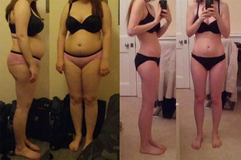 A progress pic of a 5'4" woman showing a weight reduction from 156 pounds to 114 pounds. A respectable loss of 42 pounds.