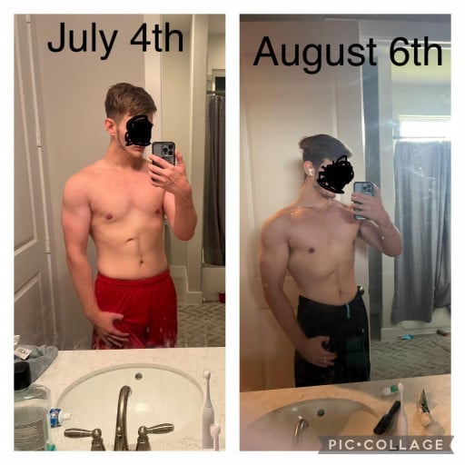 A progress pic of a 6'0" man showing a fat loss from 154 pounds to 151 pounds. A respectable loss of 3 pounds.