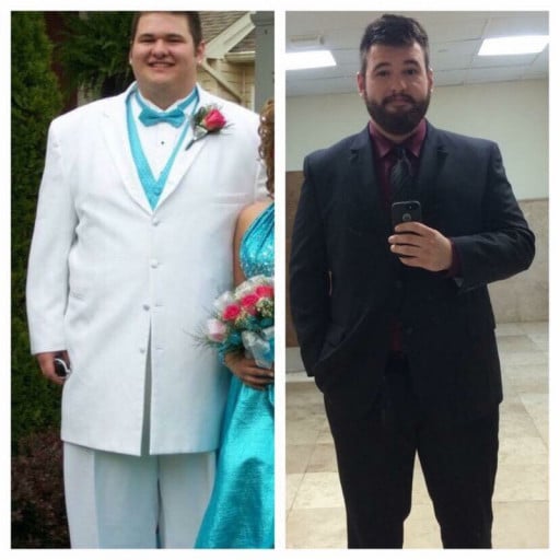 A photo of a 6'4" man showing a weight cut from 365 pounds to 295 pounds. A respectable loss of 70 pounds.