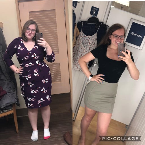 A before and after photo of a 5'6" female showing a weight reduction from 220 pounds to 160 pounds. A total loss of 60 pounds.