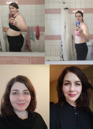 A progress pic of a 5'7" woman showing a fat loss from 242 pounds to 174 pounds. A total loss of 68 pounds.