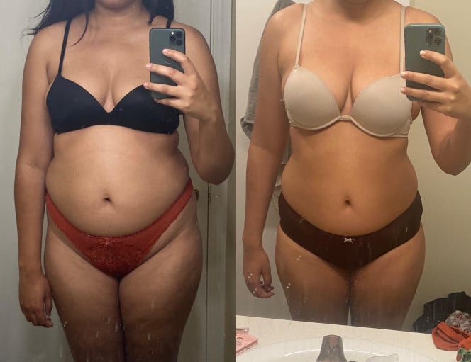A before and after photo of a 5'11" female showing a weight reduction from 200 pounds to 182 pounds. A net loss of 18 pounds.