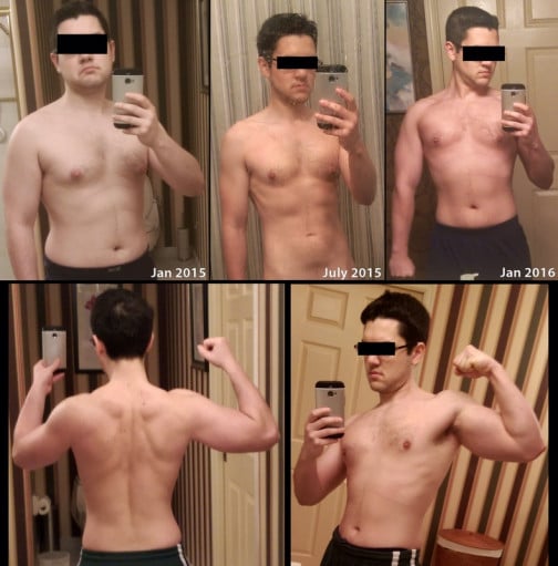 A progress pic of a 5'7" man showing a fat loss from 180 pounds to 140 pounds. A respectable loss of 40 pounds.