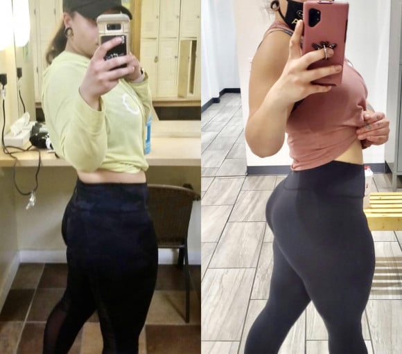 A before and after photo of a 5'4" female showing a weight bulk from 126 pounds to 140 pounds. A respectable gain of 14 pounds.