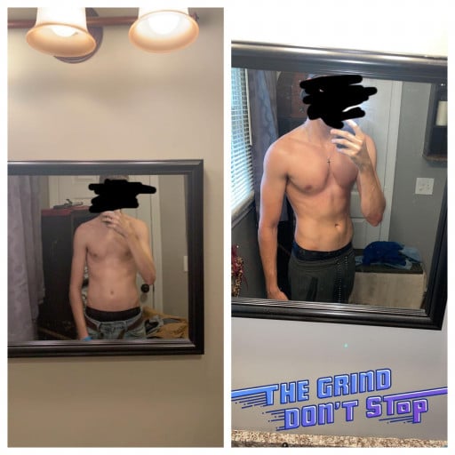 A before and after photo of a 6'0" male showing a weight gain from 120 pounds to 150 pounds. A total gain of 30 pounds.