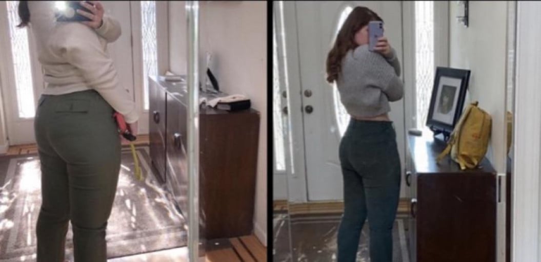 A photo of a 5'8" woman showing a weight cut from 215 pounds to 150 pounds. A total loss of 65 pounds.
