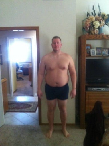A before and after photo of a 6'3" male showing a snapshot of 296 pounds at a height of 6'3