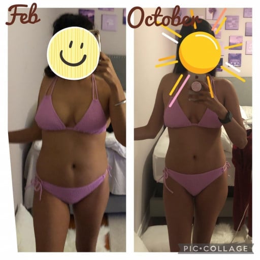 A before and after photo of a 5'3" female showing a weight reduction from 115 pounds to 105 pounds. A net loss of 10 pounds.