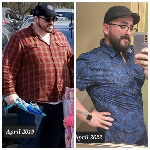 A picture of a 5'9" male showing a weight loss from 325 pounds to 247 pounds. A total loss of 78 pounds.
