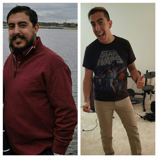 A before and after photo of a 5'10" male showing a weight reduction from 210 pounds to 155 pounds. A net loss of 55 pounds.