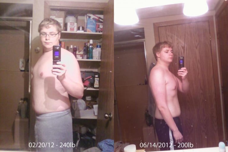 A photo of a 5'11" man showing a weight reduction from 240 pounds to 200 pounds. A total loss of 40 pounds.