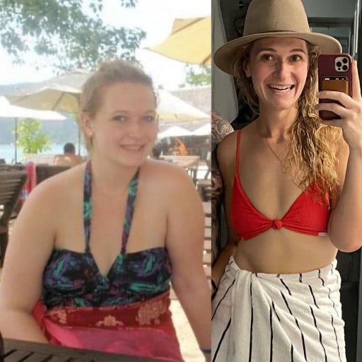 Before and After 88 lbs Fat Loss 5 foot 10 Female 242 lbs to 154 lbs