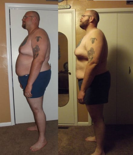 A before and after photo of a 6'4" male showing a snapshot of 350 pounds at a height of 6'4