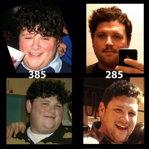 A picture of a 6'0" male showing a weight loss from 385 pounds to 285 pounds. A respectable loss of 100 pounds.