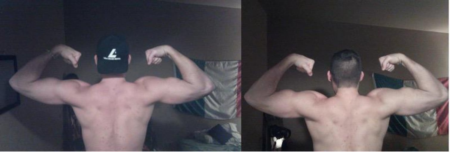 A progress pic of a 6'2" man showing a weight bulk from 205 pounds to 212 pounds. A total gain of 7 pounds.