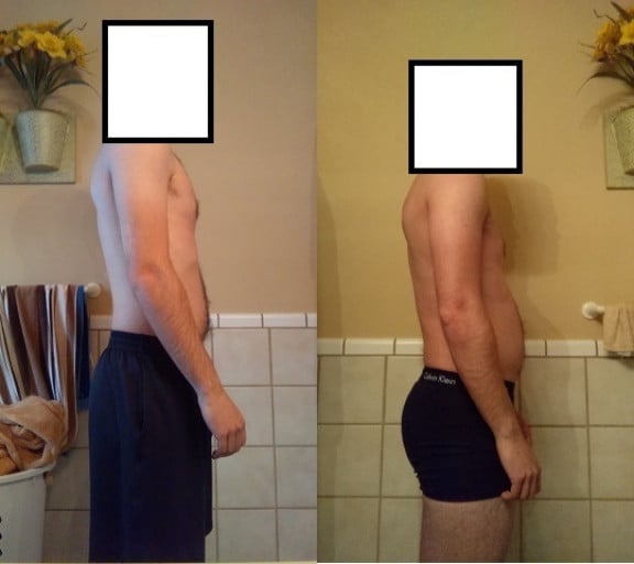 A picture of a 5'6" male showing a muscle gain from 135 pounds to 145 pounds. A total gain of 10 pounds.