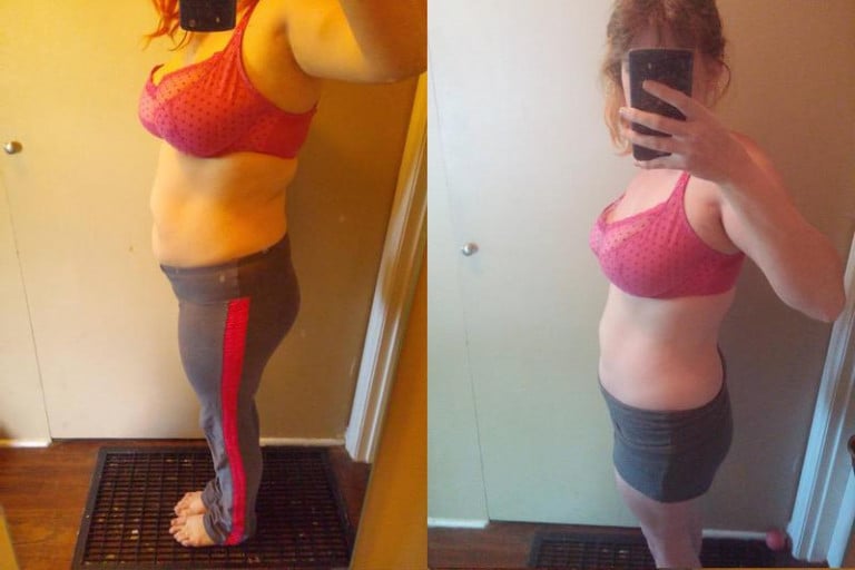 A photo of a 5'4" woman showing a weight cut from 165 pounds to 149 pounds. A total loss of 16 pounds.