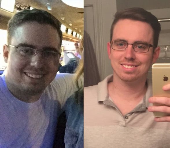 A progress pic of a 5'11" man showing a weight cut from 215 pounds to 170 pounds. A net loss of 45 pounds.