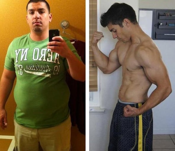 A photo of a 5'9" man showing a weight cut from 250 pounds to 163 pounds. A total loss of 87 pounds.