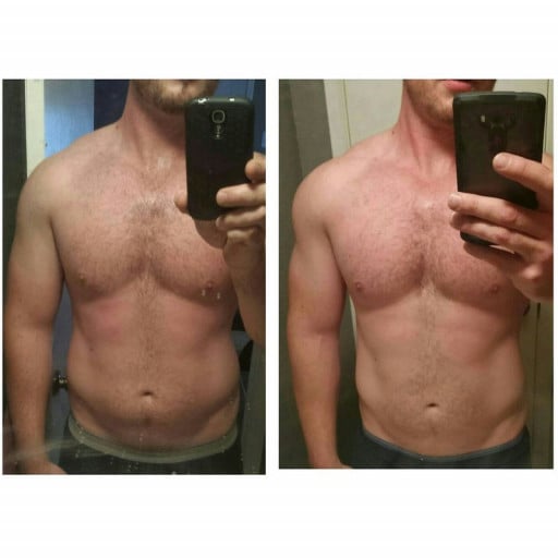 A progress pic of a 6'0" man showing a fat loss from 226 pounds to 212 pounds. A total loss of 14 pounds.