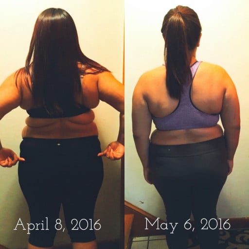 A progress pic of a 5'1" woman showing a fat loss from 210 pounds to 198 pounds. A net loss of 12 pounds.