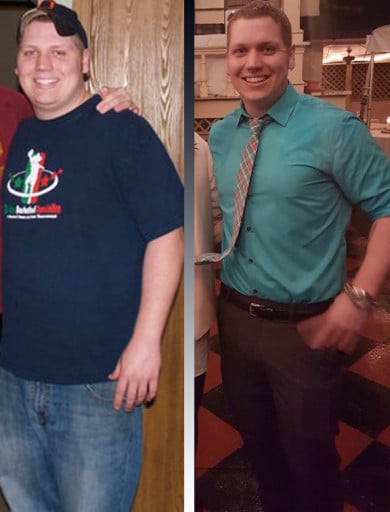A before and after photo of a 6'0" male showing a weight reduction from 240 pounds to 210 pounds. A respectable loss of 30 pounds.
