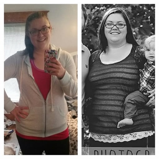 A progress pic of a 5'5" woman showing a fat loss from 243 pounds to 190 pounds. A net loss of 53 pounds.