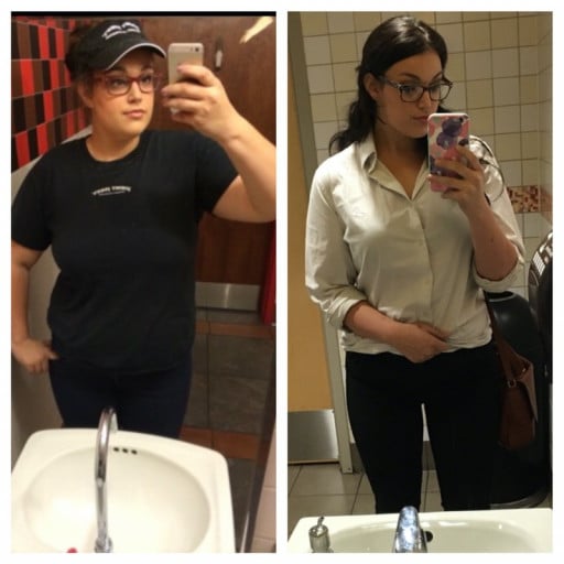 A picture of a 5'8" female showing a weight loss from 250 pounds to 184 pounds. A respectable loss of 66 pounds.