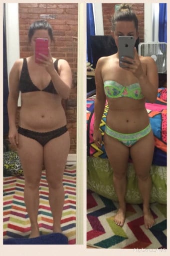 A progress pic of a 5'0" woman showing a fat loss from 134 pounds to 121 pounds. A total loss of 13 pounds.