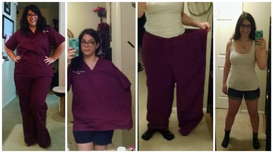 A before and after photo of a 5'3" female showing a weight reduction from 212 pounds to 144 pounds. A net loss of 68 pounds.