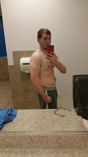 A picture of a 6'0" male showing a fat loss from 225 pounds to 196 pounds. A respectable loss of 29 pounds.